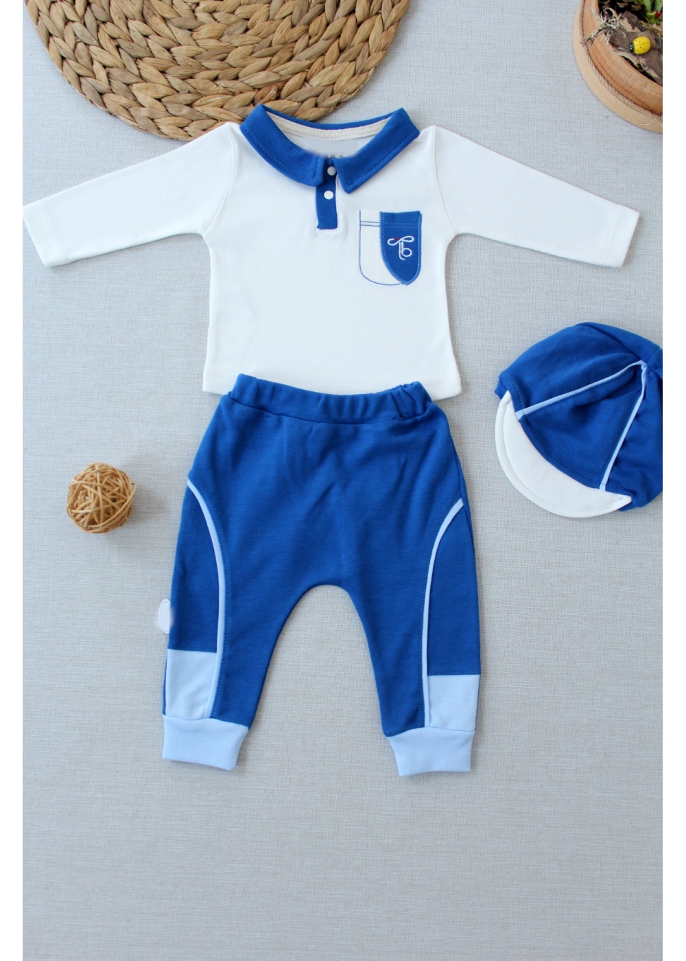 3-6 6-9 9-12 Ay Efendi Nakışlı Cep Şapkalı Uzun Kollu Sweat 3lü Erkek Bebek Takımı