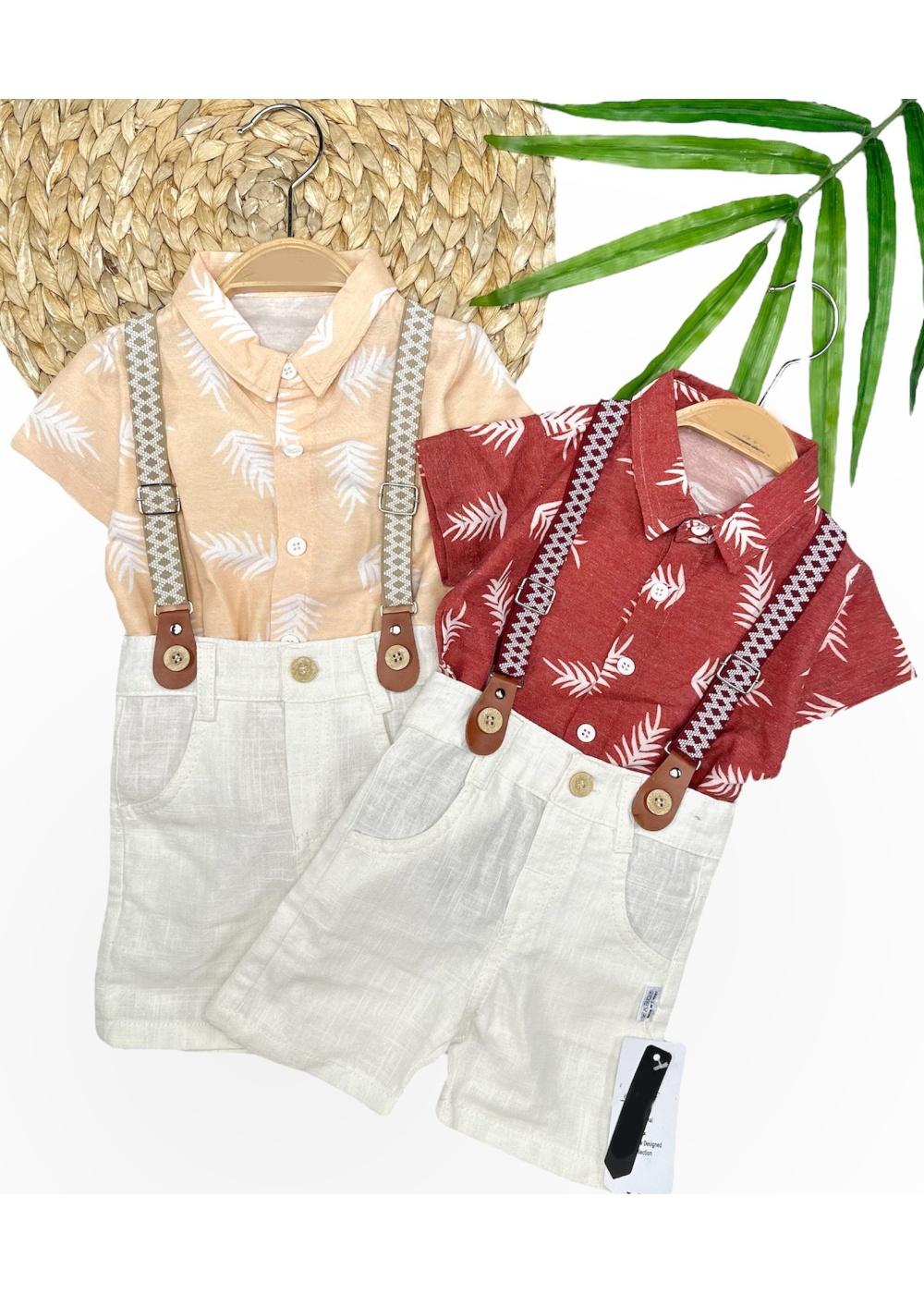 9-12-18-24 Ay Pamuk Keten Kumaş Hawai Gömlek Lastik Askılı 2li Erkek Bebek Takımı