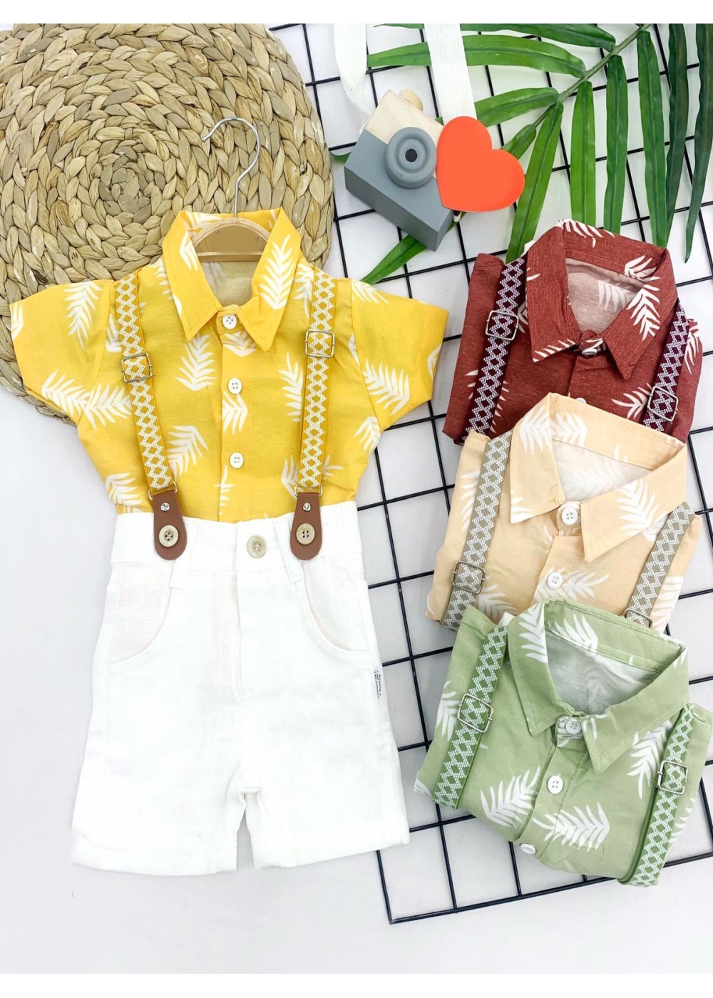 9-12-18-24 Ay Pamuk Keten Kumaş Hawai Gömlek Lastik Askılı 2li Erkek Bebek Takımı