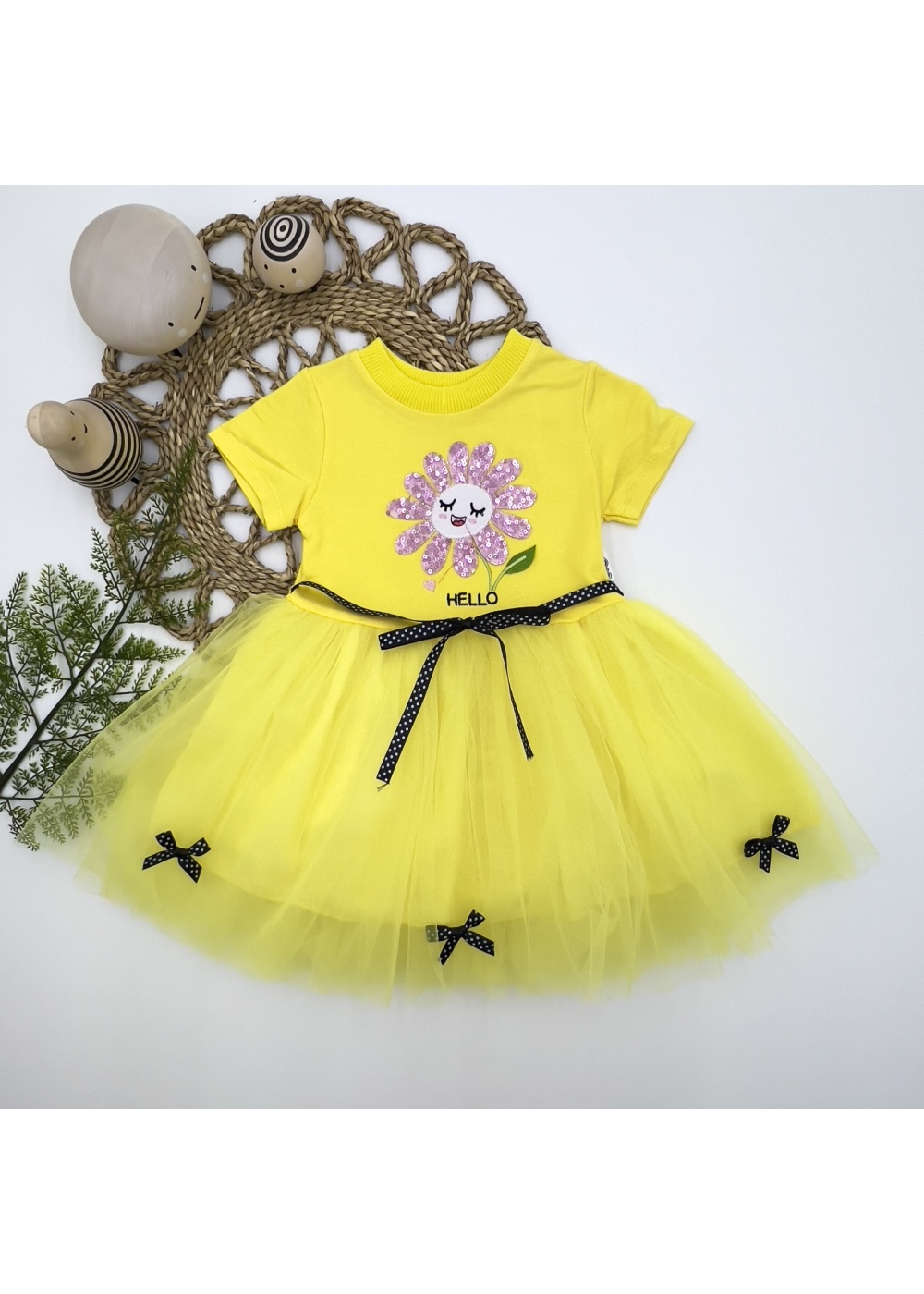1-2-3 Yaş Payet Yapraklı Çiçek Nakışlı Astarlı Kız Bebek Tütü Elbisesi