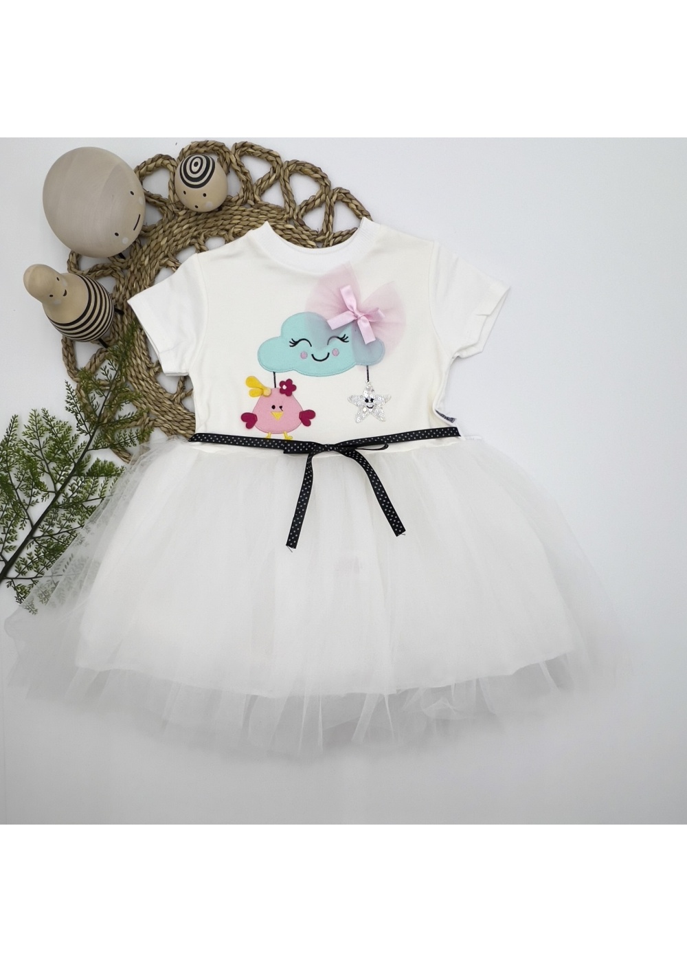 1-2-3 Yaş Tül Tokalı Bulut Civciv Ve Yıldız Nakışlı Kız Bebek Elbisesi