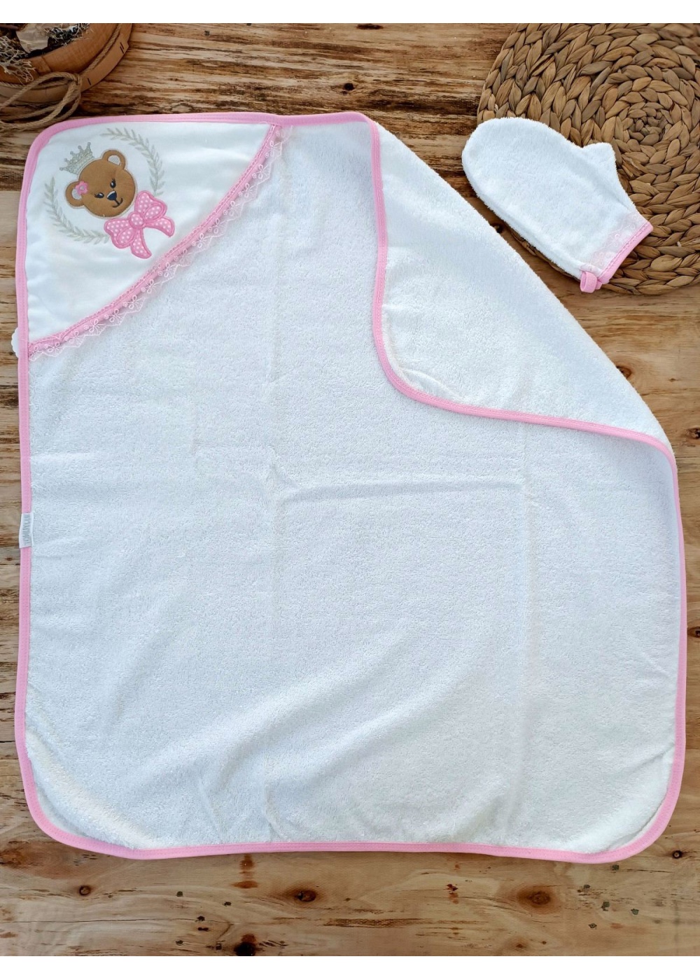 0-1 Yaş Bear Nakışlı El Keseli 2li  Kız Bebek Havlu Takımı