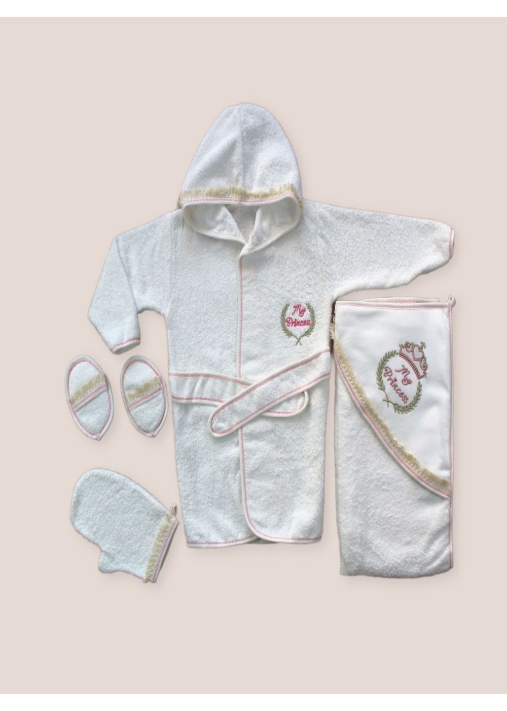 0-6 Ay Kaplan Nakışlı Bornozlu 5li Kız Bebek Havlu Silgi Takımı