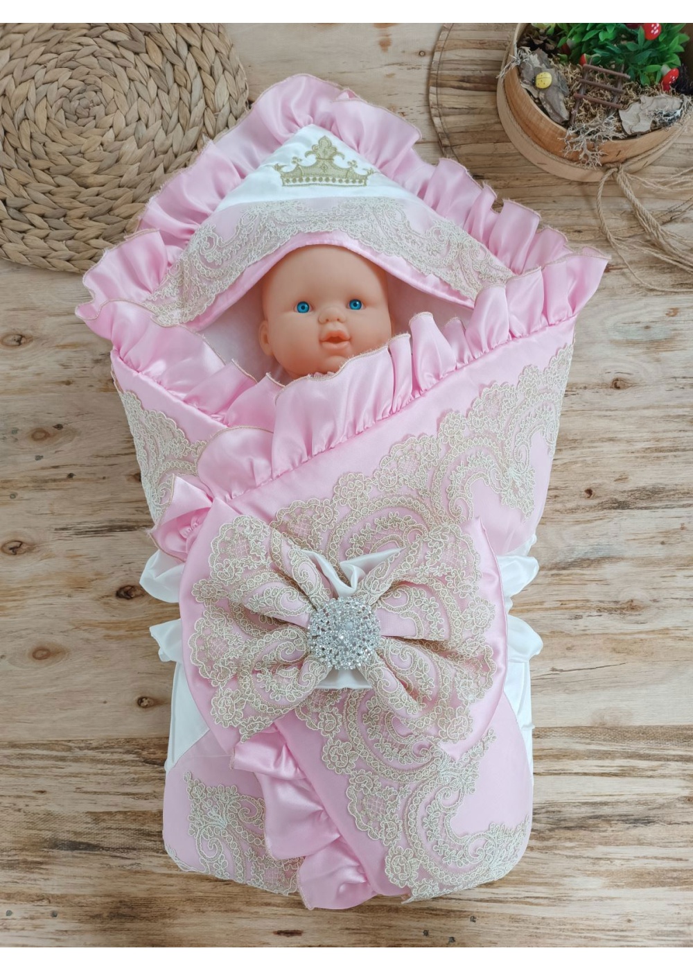 Yenidoğan Grand Lüks Kelebek Ağır Güpür İşlemeli Şapkalı Bebek Battaniyesi Kundak
