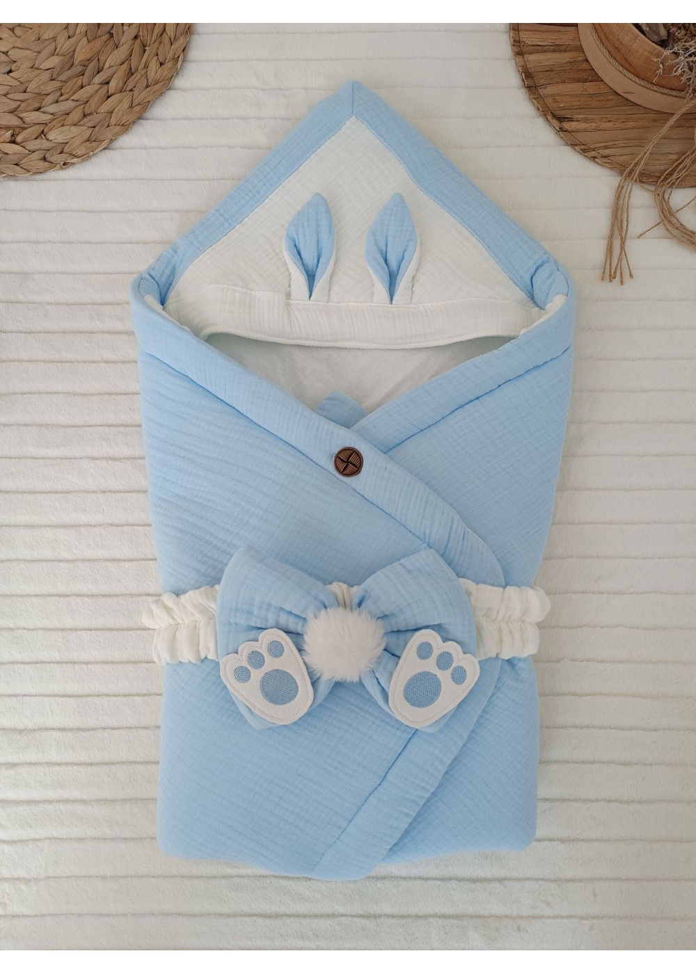 Yenidoğan 4 Kat Müslin Kumaş Kulaklı Patili Fiyonk Bebek Battaniyesi Kundak