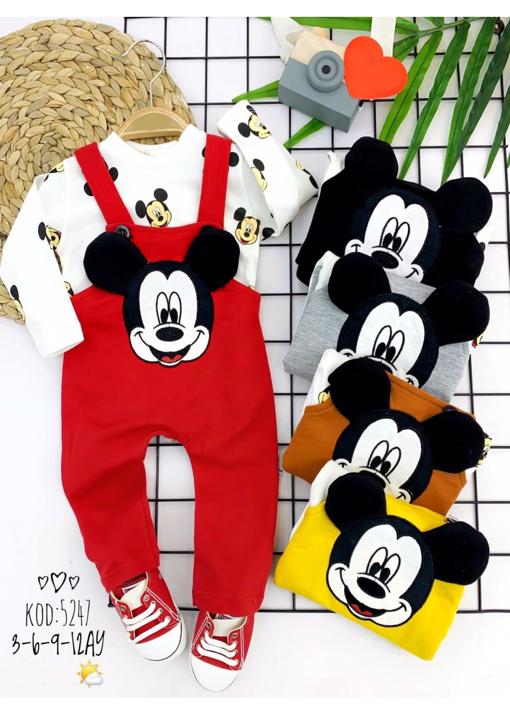 3-6-9-12 Ay Mickey Figürlü Uzun Kollu Baskılı Sweatli 2li Kız Erkek Bebek Salopet Takımı