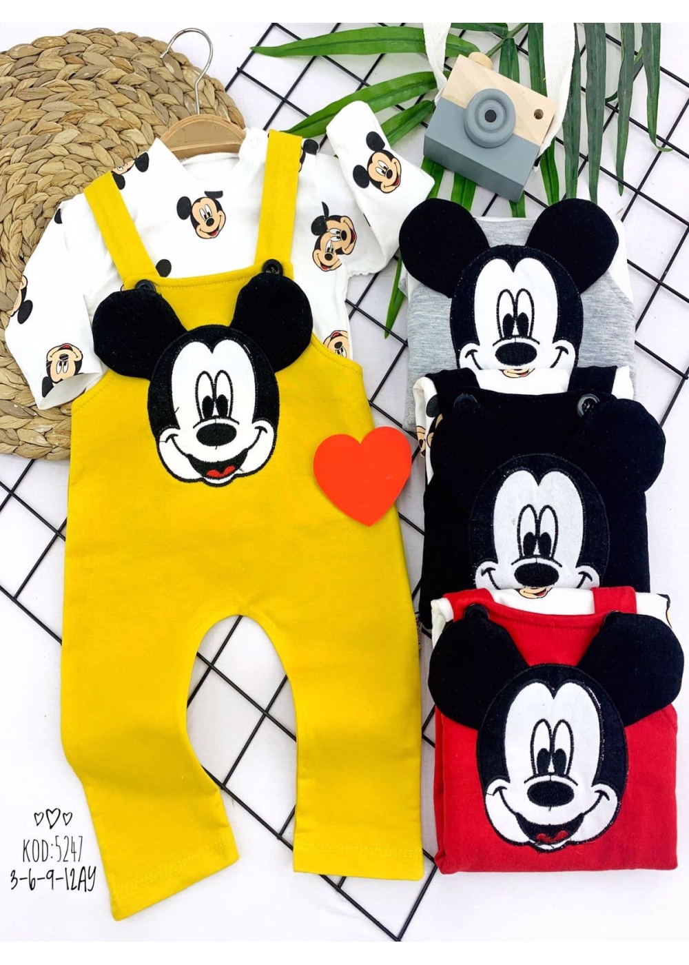 3-6-9-12 Ay Mickey Figürlü Uzun Kollu Baskılı Sweatli 2li Kız Erkek Bebek Salopet Takımı