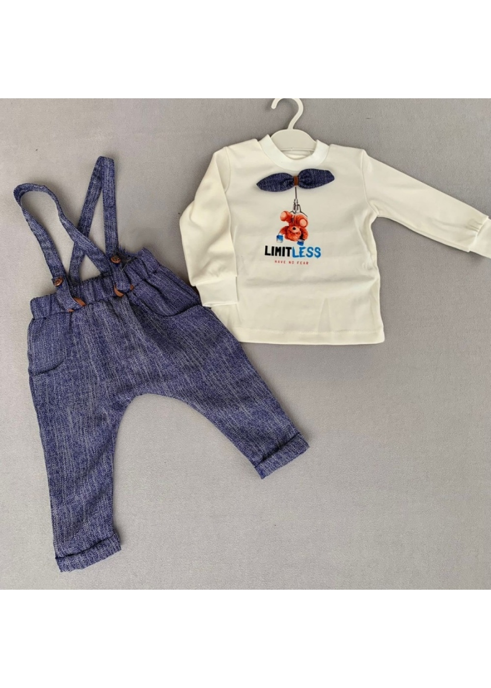 9-12-18 Ay Papyonlu Sweat Kot Pantolon 2li Erkek Bebek Salopet Takımı