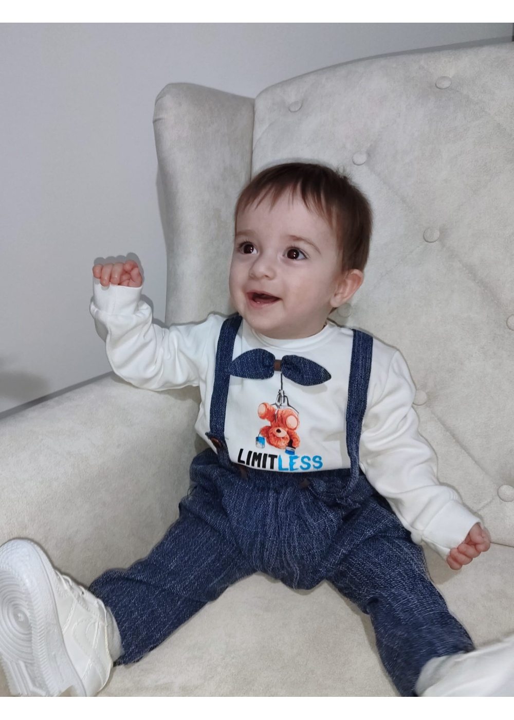 9-12-18 Ay Papyonlu Sweat Kot Pantolon 2li Erkek Bebek Salopet Takımı