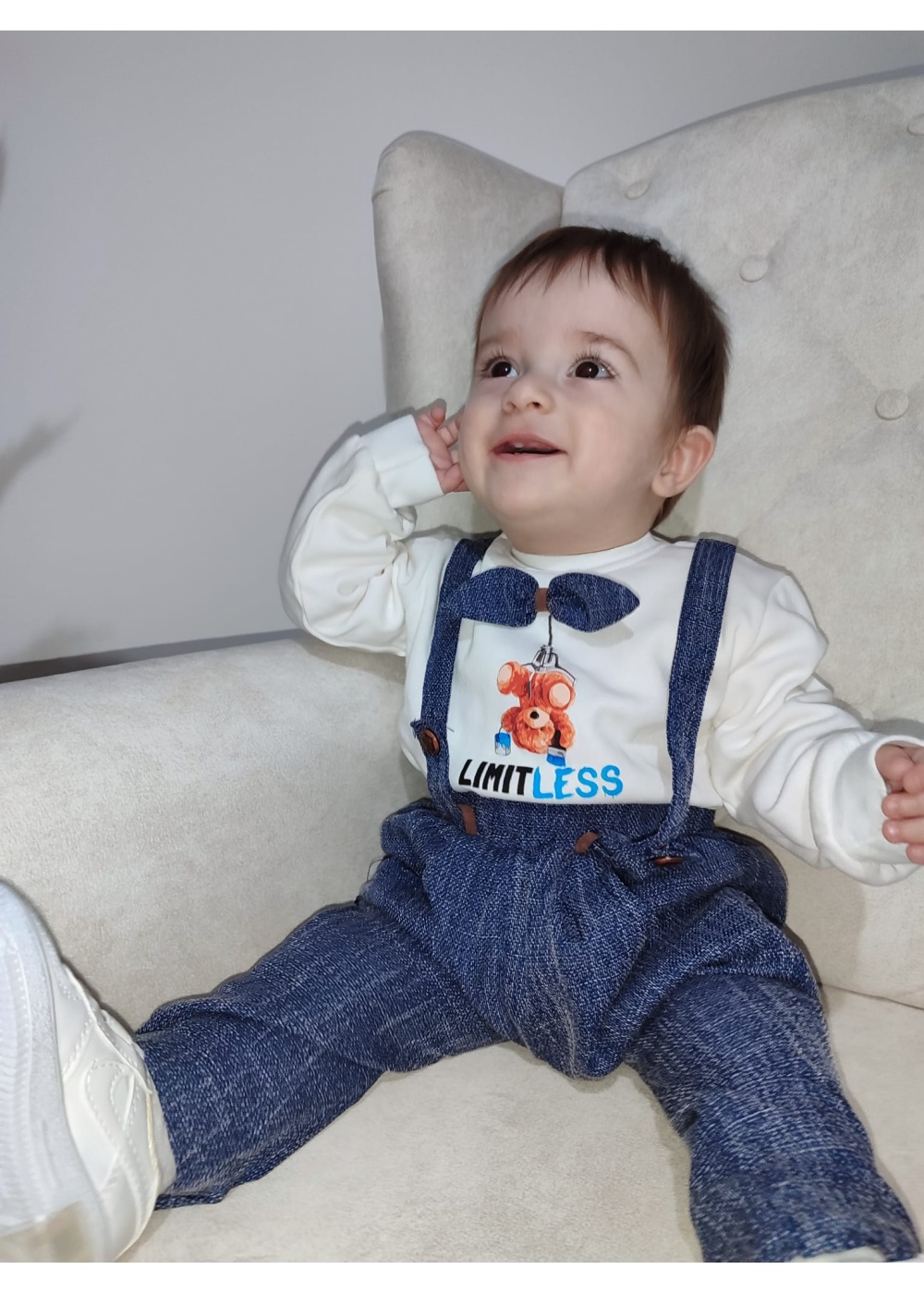 9-12-18 Ay Papyonlu Sweat Kot Pantolon 2li Erkek Bebek Salopet Takımı