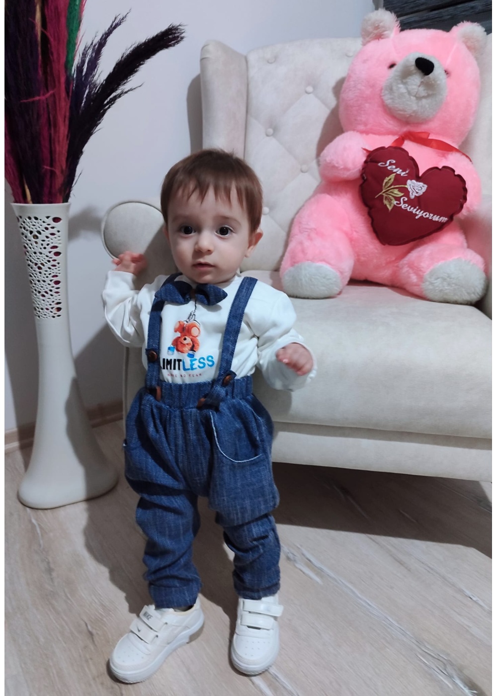 9-12-18 Ay Papyonlu Sweat Kot Pantolon 2li Erkek Bebek Salopet Takımı