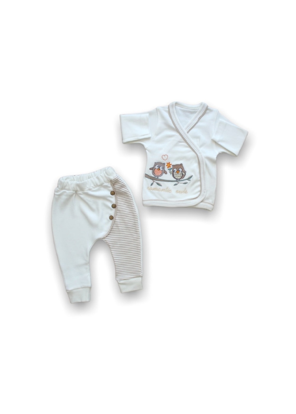 Romantik Çift Baykuş Nakışlı %100 Cotton Antibakteriyel 5li Zıbın Takımı Hastane Çıkışı