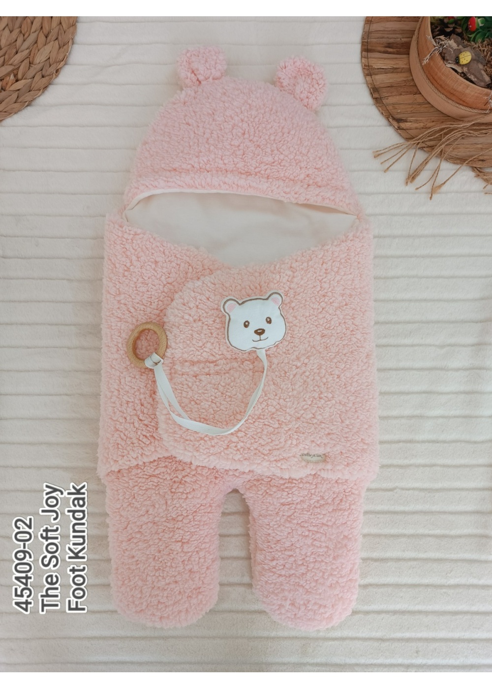 Yenidoğan Kulaklı Şapkalı Açılır Kucaklı Cırt Kapamalı Ayaklı Bebek Battaniyesi Kundak
