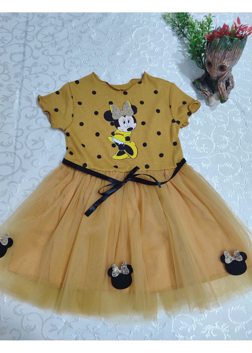 2-3-4 Yaş Puantiyeli Mickey Baskılı Kurdela Kuşaklı Astarlı Kız Bebek Tütü Elbisesi