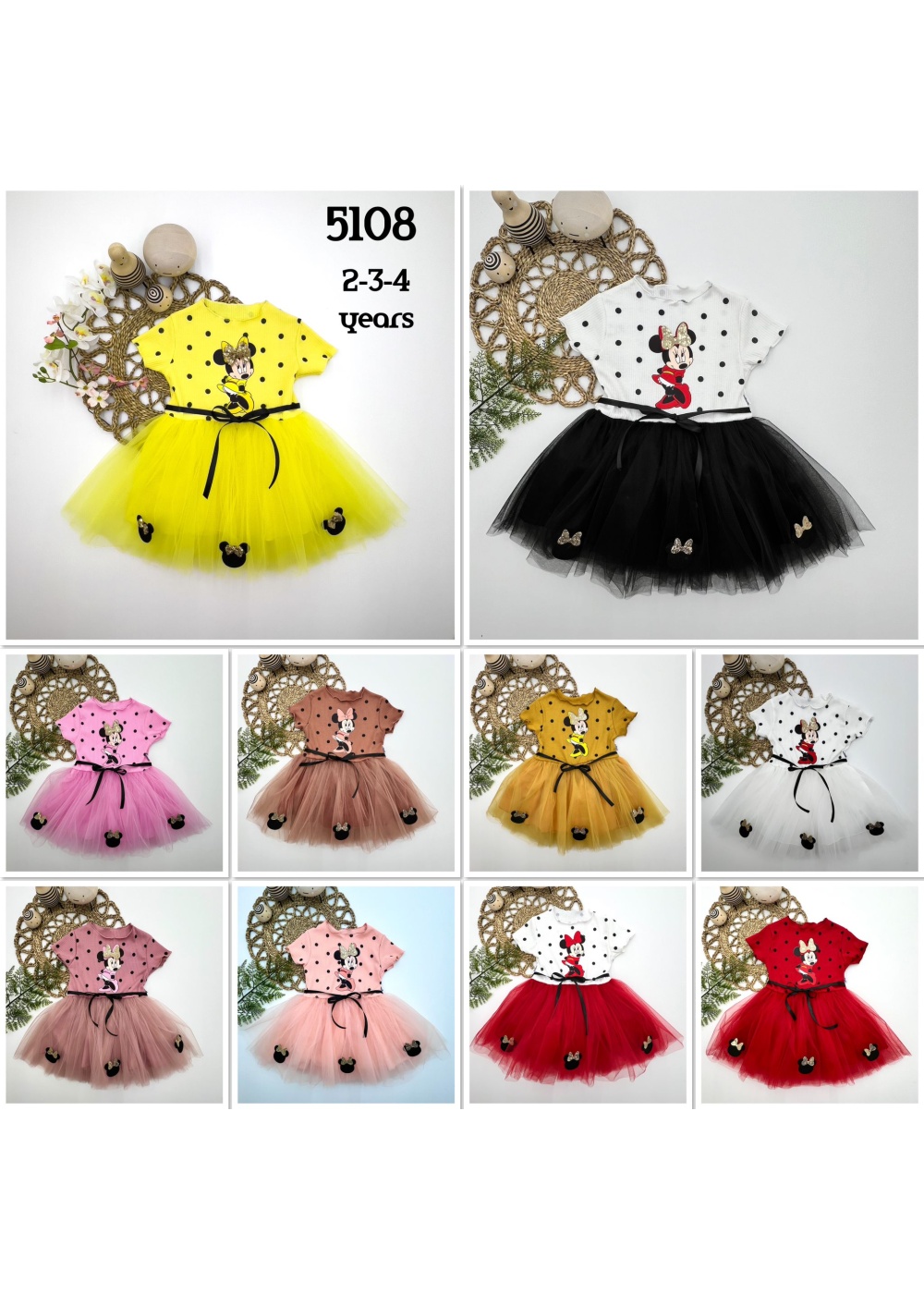 2-3-4 Yaş Puantiyeli Mickey Baskılı Kurdela Kuşaklı Astarlı Kız Bebek Tütü Elbisesi