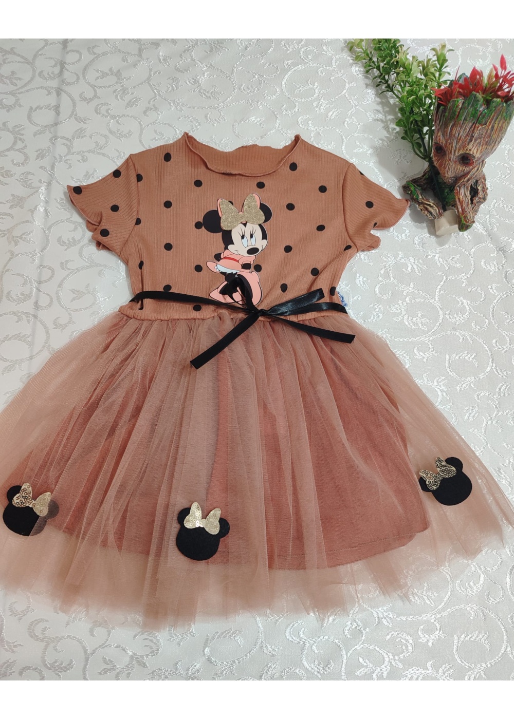 2-3-4 Yaş Puantiyeli Mickey Baskılı Kurdela Kuşaklı Astarlı Kız Bebek Tütü Elbisesi