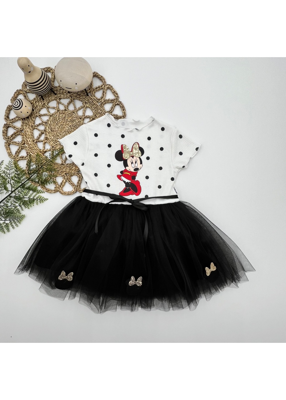 2-3-4 Yaş Puantiyeli Mickey Baskılı Kurdela Kuşaklı Astarlı Kız Bebek Tütü Elbisesi