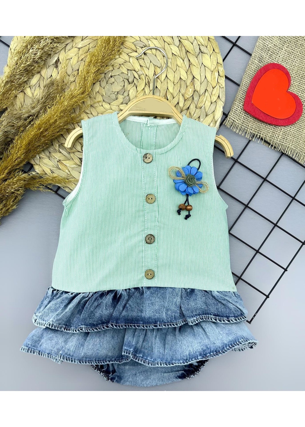6-9-12-18 Ay Gül Rozet Detaylı Kot Kilotlu Etek Kız Bebek Elbisesi