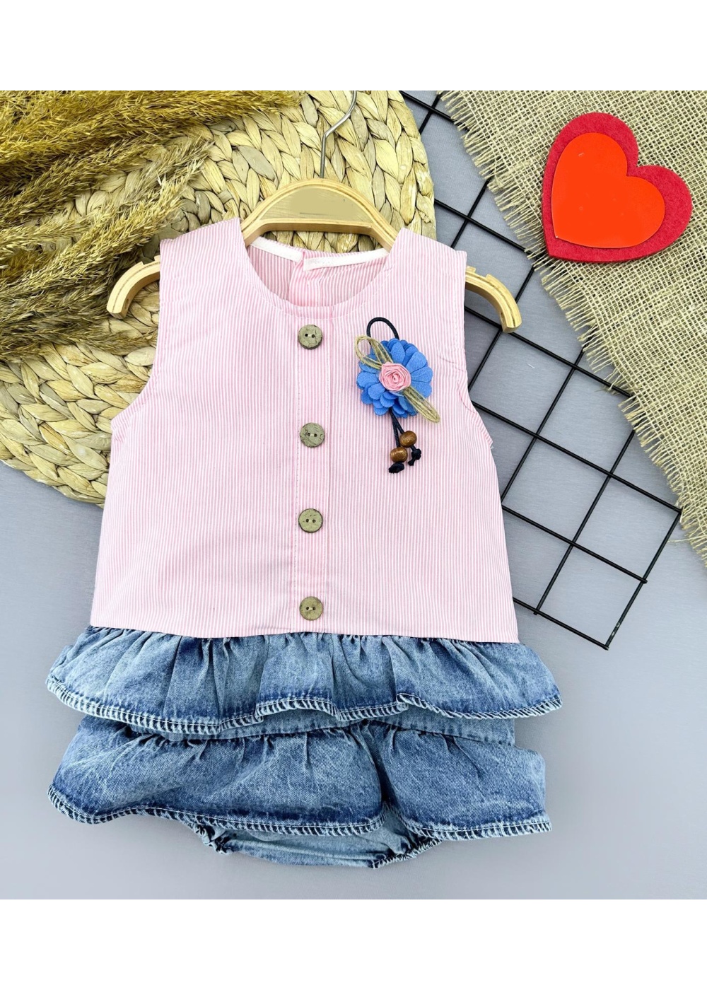 6-9-12-18 Ay Gül Rozet Detaylı Kot Kilotlu Etek Kız Bebek Elbisesi