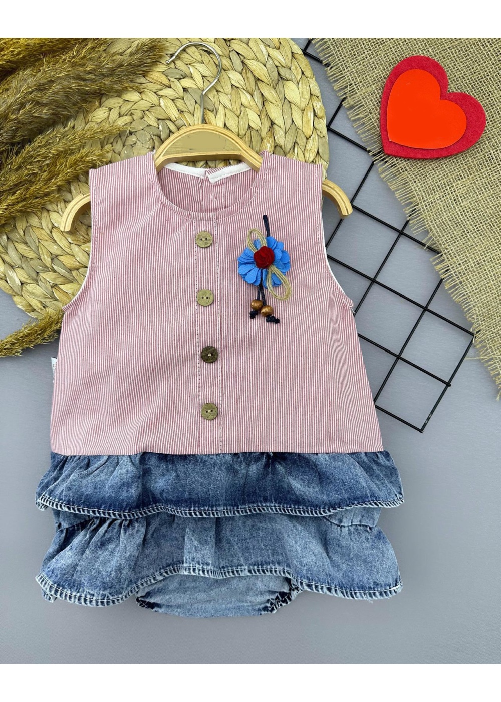 6-9-12-18 Ay Gül Rozet Detaylı Kot Kilotlu Etek Kız Bebek Elbisesi
