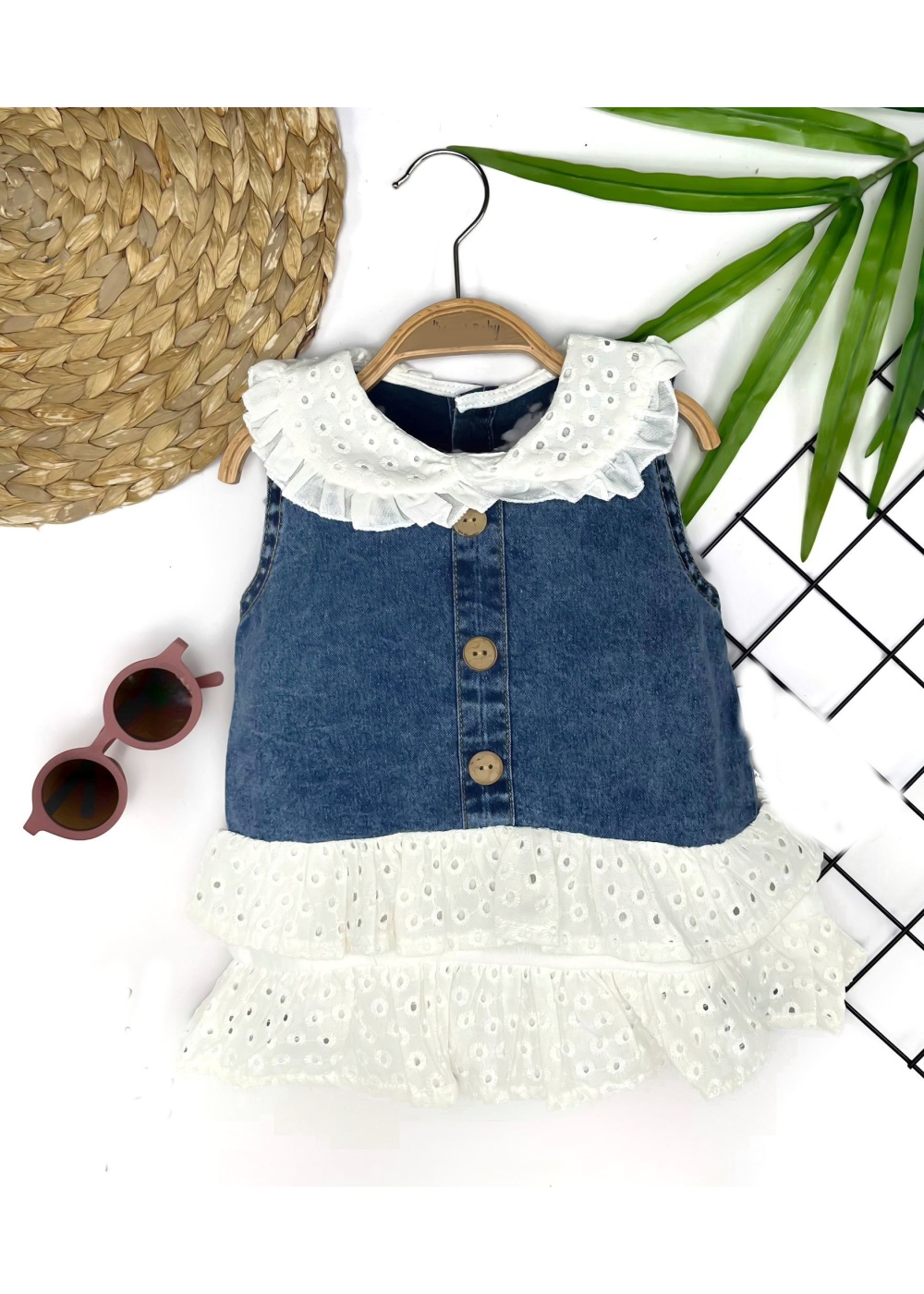 6-9-12-18 Ay Güpür Yaka Ve Etek Detaylı Kot Kilotlu Etek Kız Bebek Elbisesi