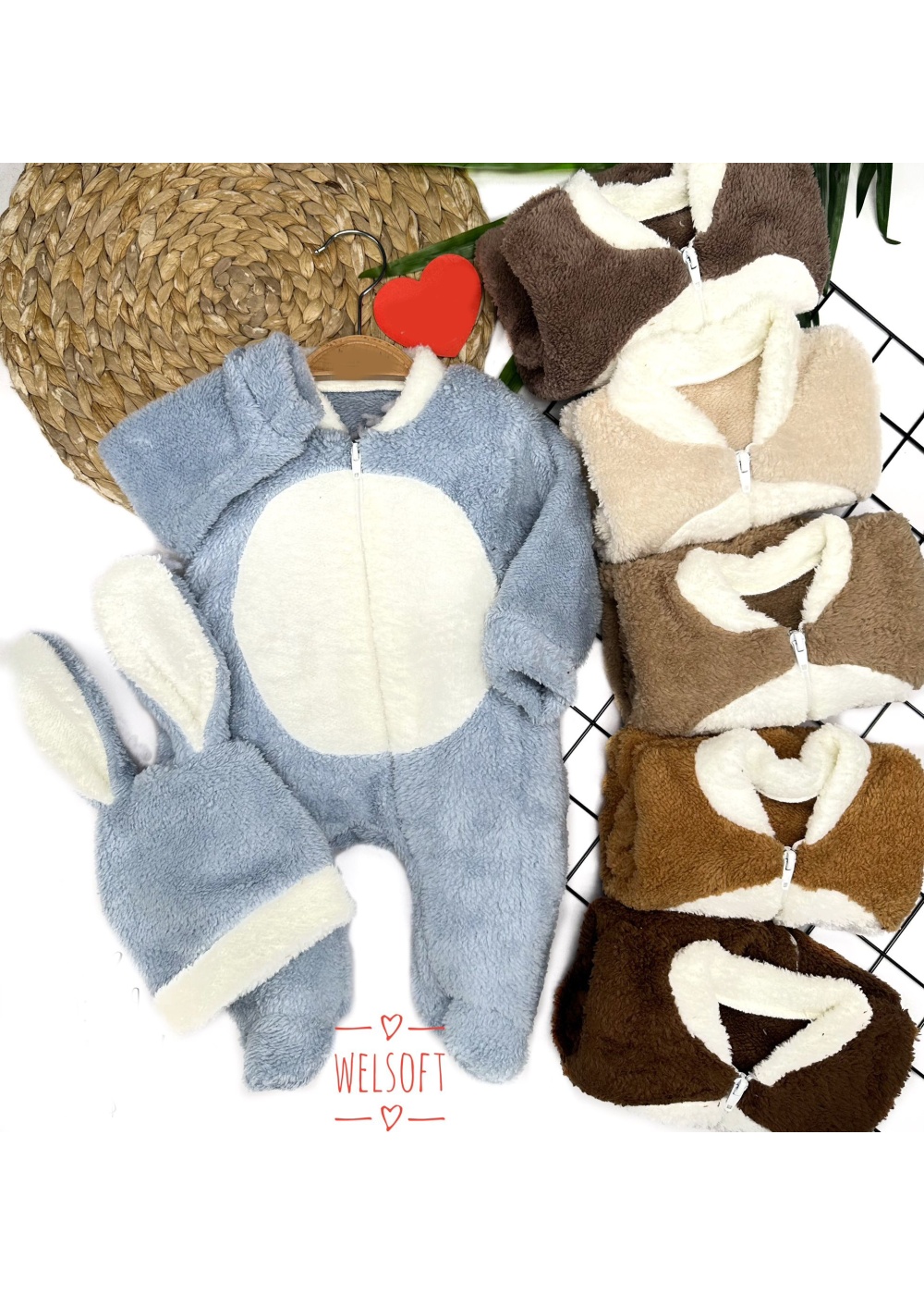 3-6-9-12 Ay Tavşan Kulak Şapkalı Fermuar Kapamalı Patikli Eldivenli Tüylü Erkek Bebek Tulumu