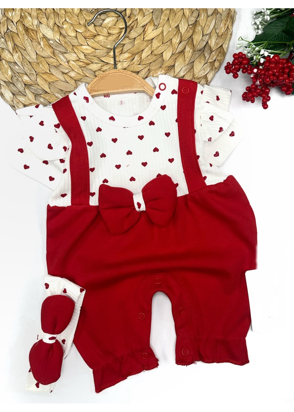 3-6-9-12 Ay Bandanalı Piti Kalp Baskılı Salopet Görünümlü 2li Kız Bebek Takımı