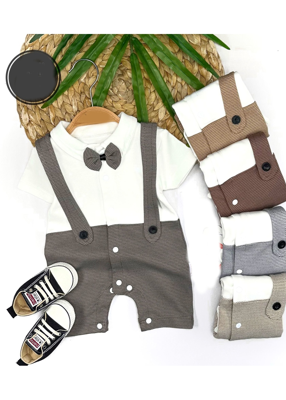 3-6-9-12 Ay Papyon Detaylı Çizgili Salopet Görünümlü Erkek Bebek Tulumu