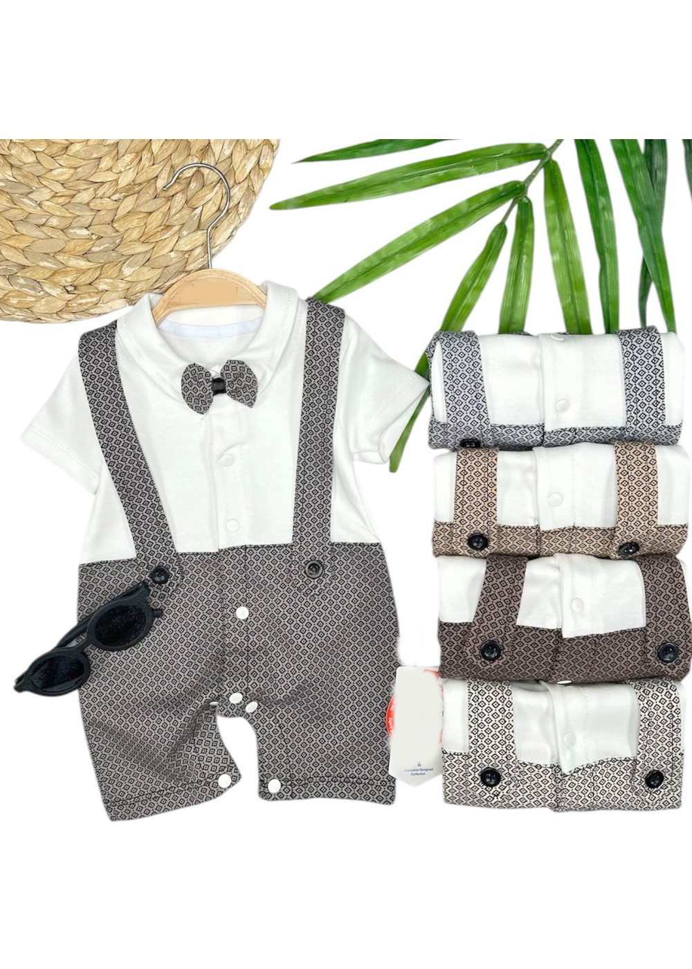 3-6-9-12 Ay Papyon Detaylı Piti Kare Baskılı Salopet Görünümlü Erkek Bebek Tulumu