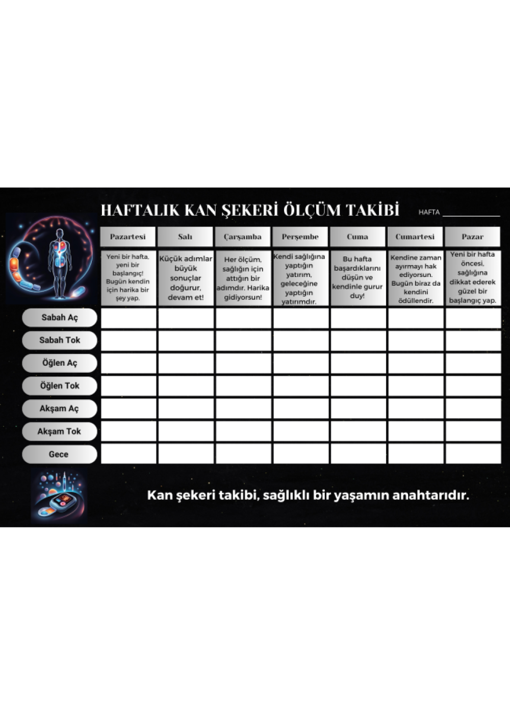 Diyabet Ölçüm Takip Çizelgesi Defteri A Kalite Özel Tasarım 3 Aylık A5 Siyah-Beyaz