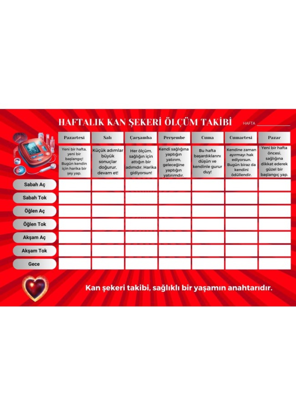 Diyabet Ölçüm Takip Çizelgesi Defteri A Kalite Özel Tasarım 3 Aylık A5 Kırmızı