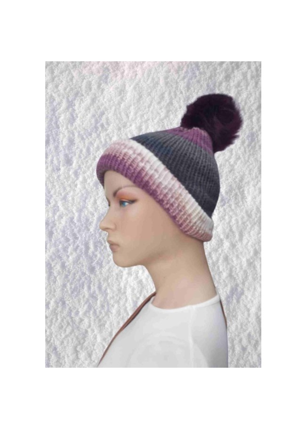 El Örgüsü Doğal Yün ve Akrilik Karışımlı Sıcacık Kış Beresi Mor Gri Karışık Renk