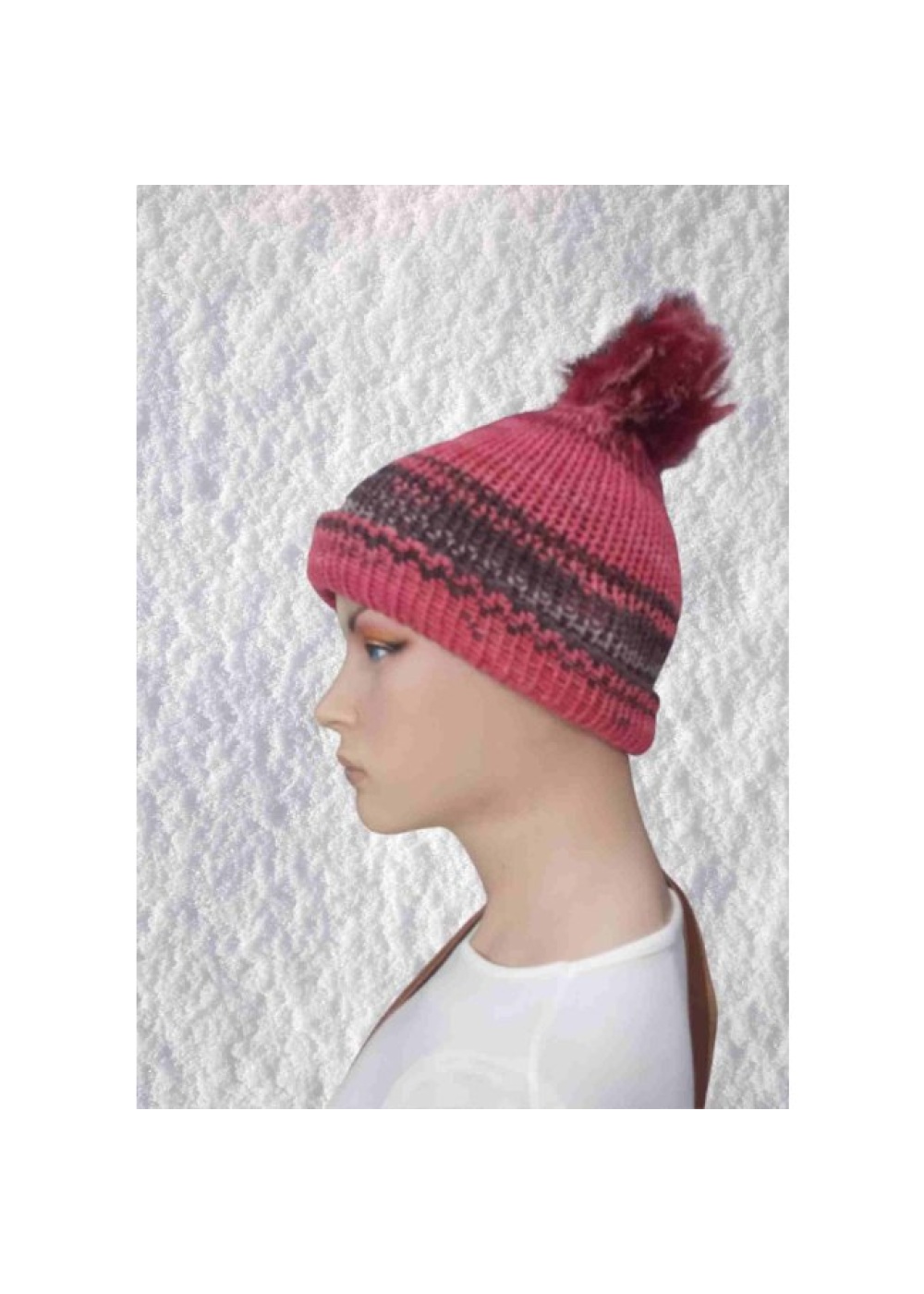 El Örgüsü Doğal Yün ve Akrilik Karışımlı Sıcacık Kış Beresi Koyu Pembe Karışık