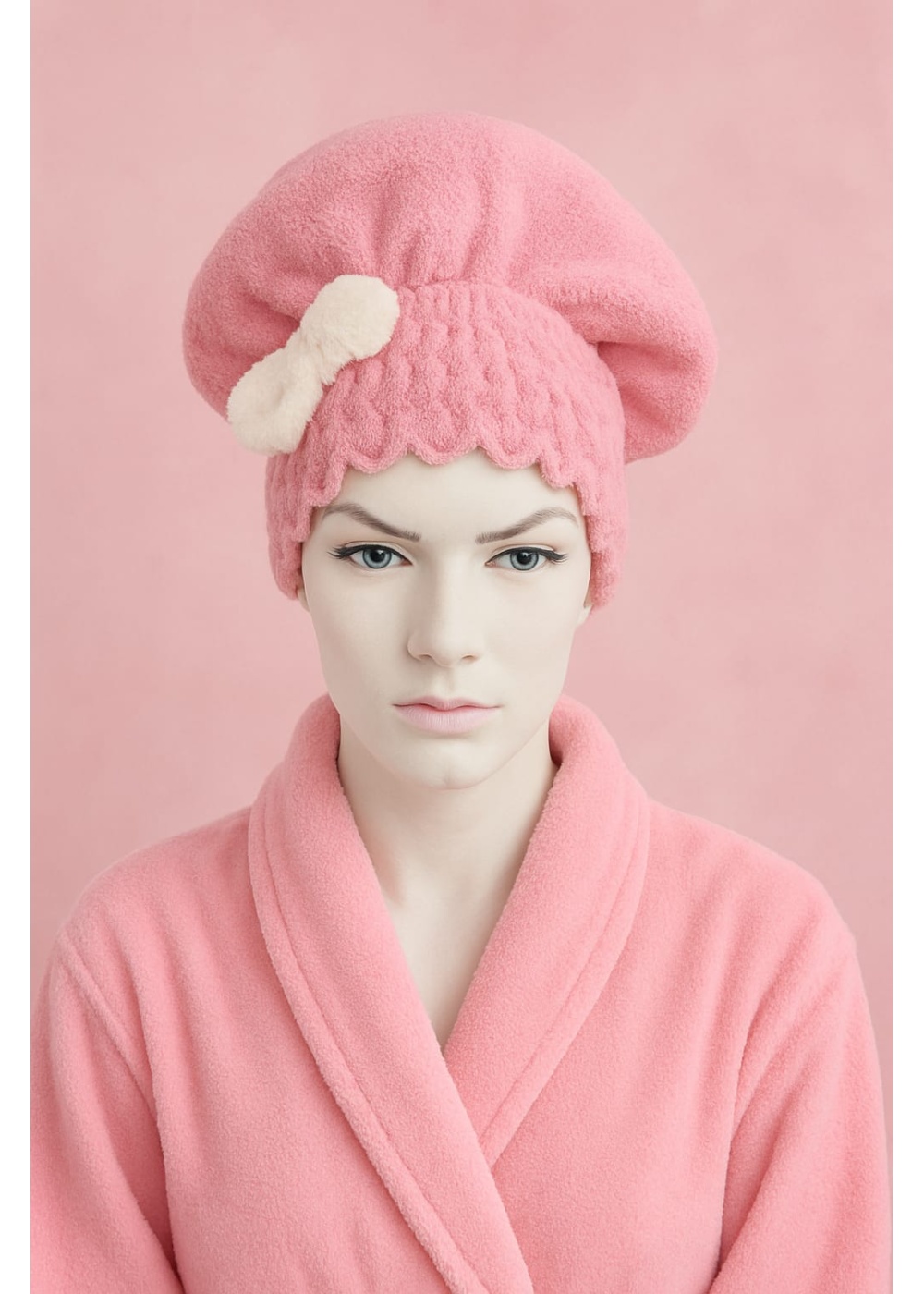 Saç Kurulama Banyo Duş Bonesi – %100 Pamuk , Fiyonklu Pembe