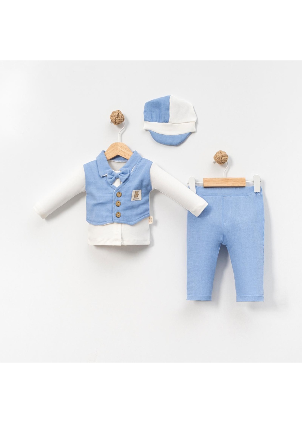 6-9-12-18 Ay Yelek Detaylı Kasketli Uzun Kollu Mevsimlik 3 Lü Erkek Takımı