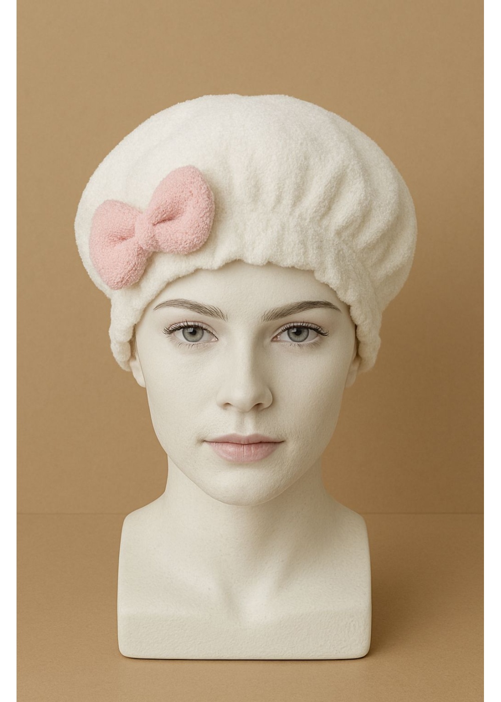 Saç Kurulama Banyo Duş Bonesi – %100 Pamuk , Fiyonklu Beyaz