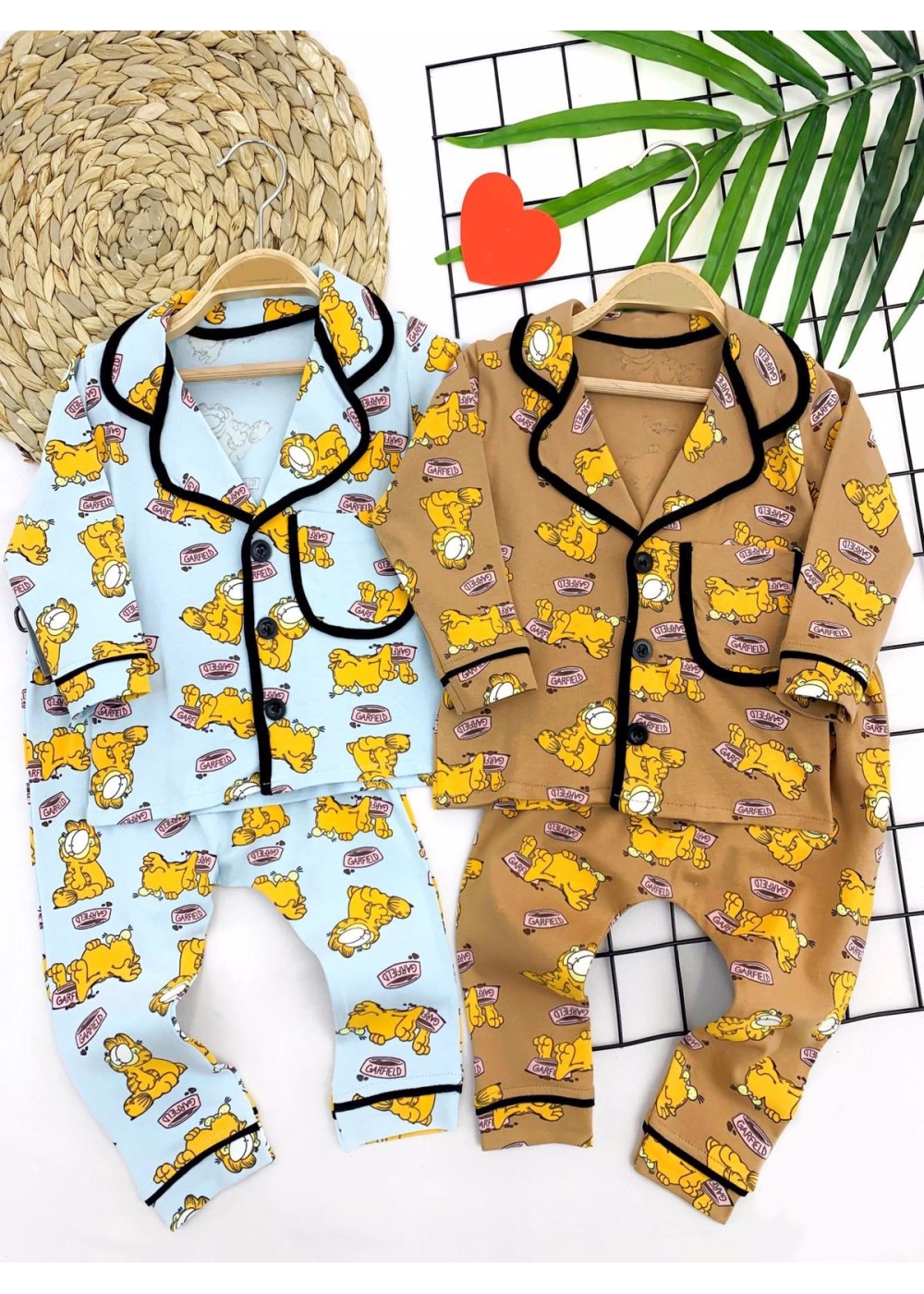 9-12-18-24 Ay Garfield Baskılı Düğme Kapamalı 2li Kız Erkek Bebek Pijama Takımı