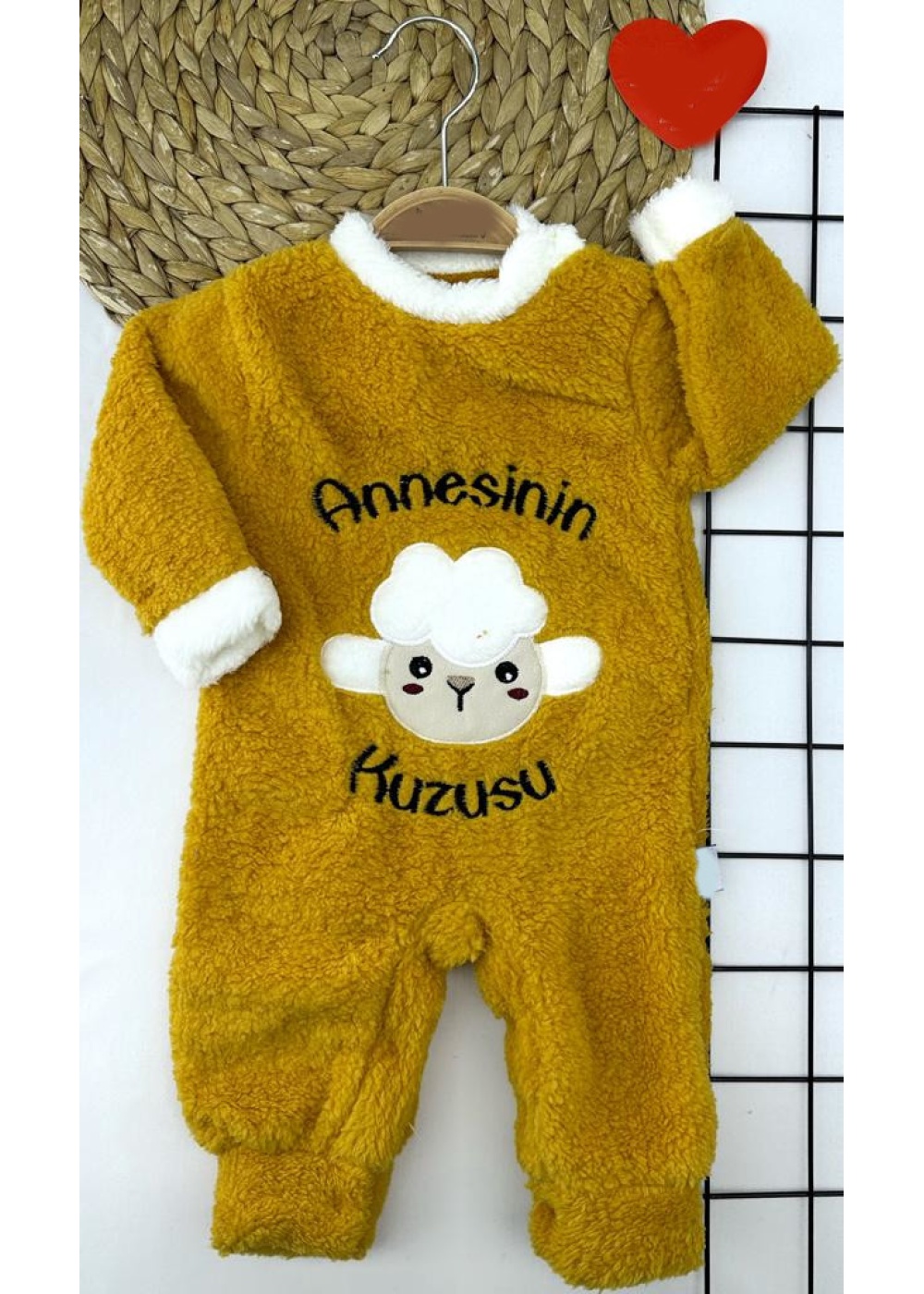 3-6-9-12 Ay Kuzu Tüylü Kumaş Annesinin Kuzusu Nakışlı Alttan Çıtçıtlı Kız Erkek Bebek Tulumu