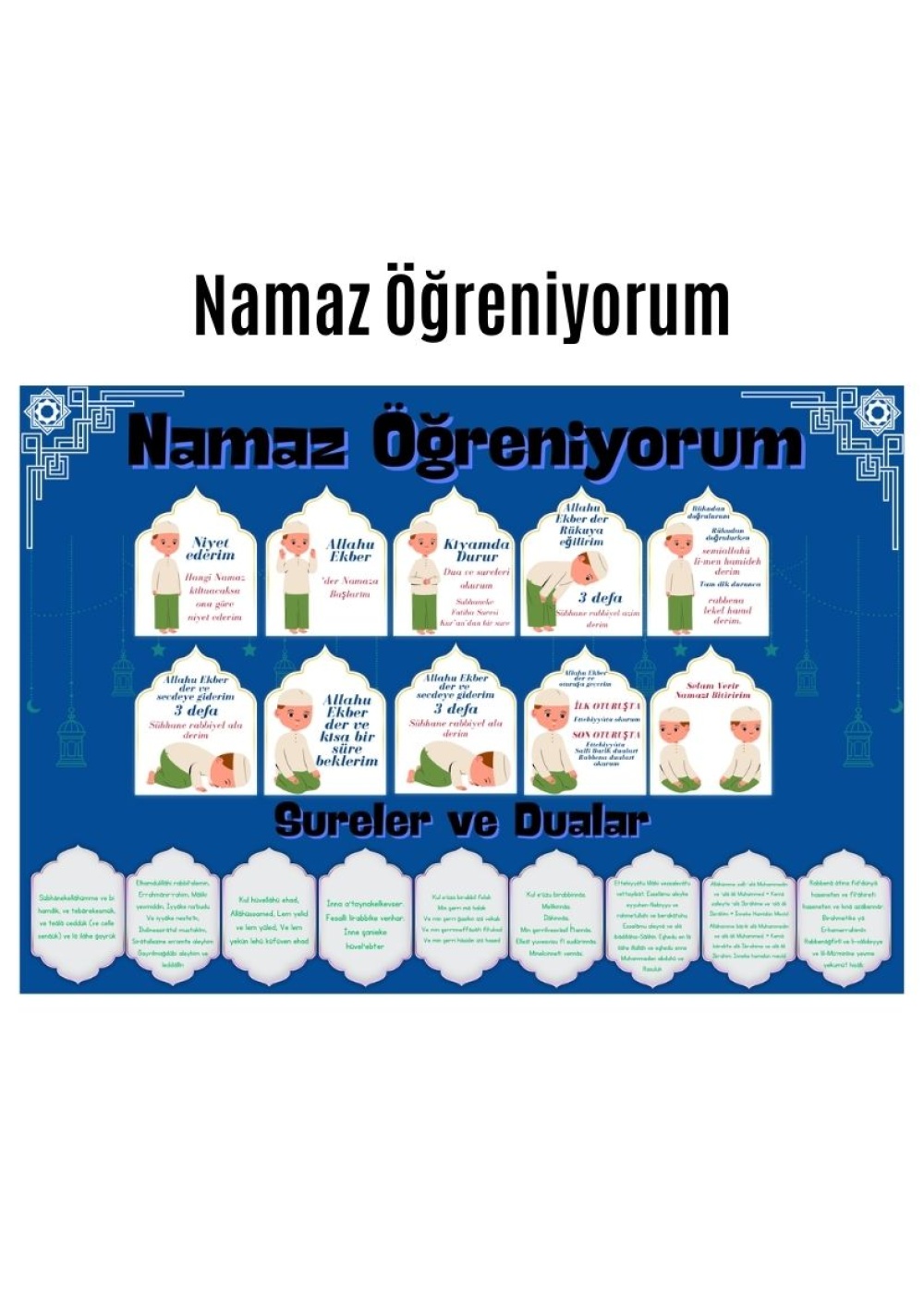 Çocuklar İçin Renkli  Namaz Öğreniyorum Afişi - 33x48 cm Figürlü Eğitim Materyali Erkek