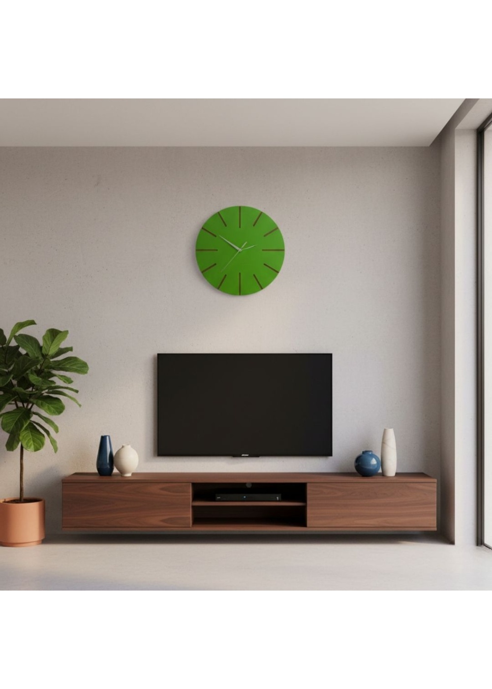 Ahşap Minimal Dekoratif Duvar Saati - 33x33 cm Yeşil