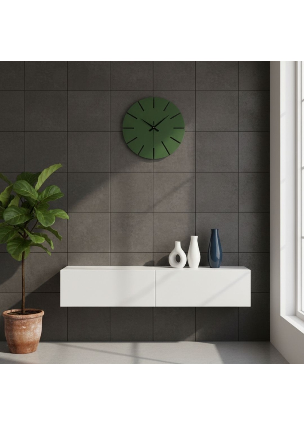 Ahşap Minimal Dekoratif Duvar Saati - 33x33 cm Koyu Yeşil