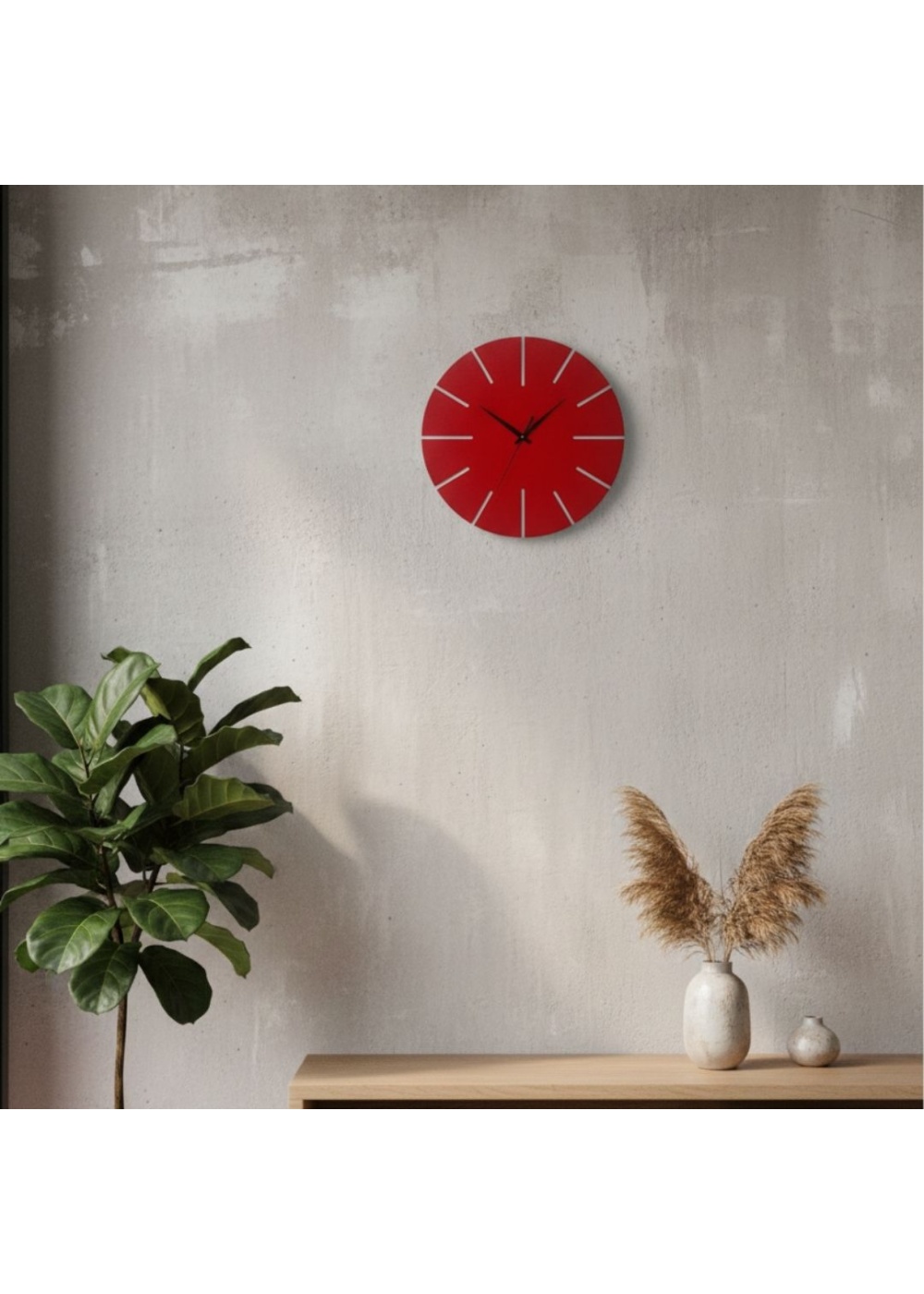 Ahşap Minimal Dekoratif Duvar Saati - 33x33 cm Kırmızı