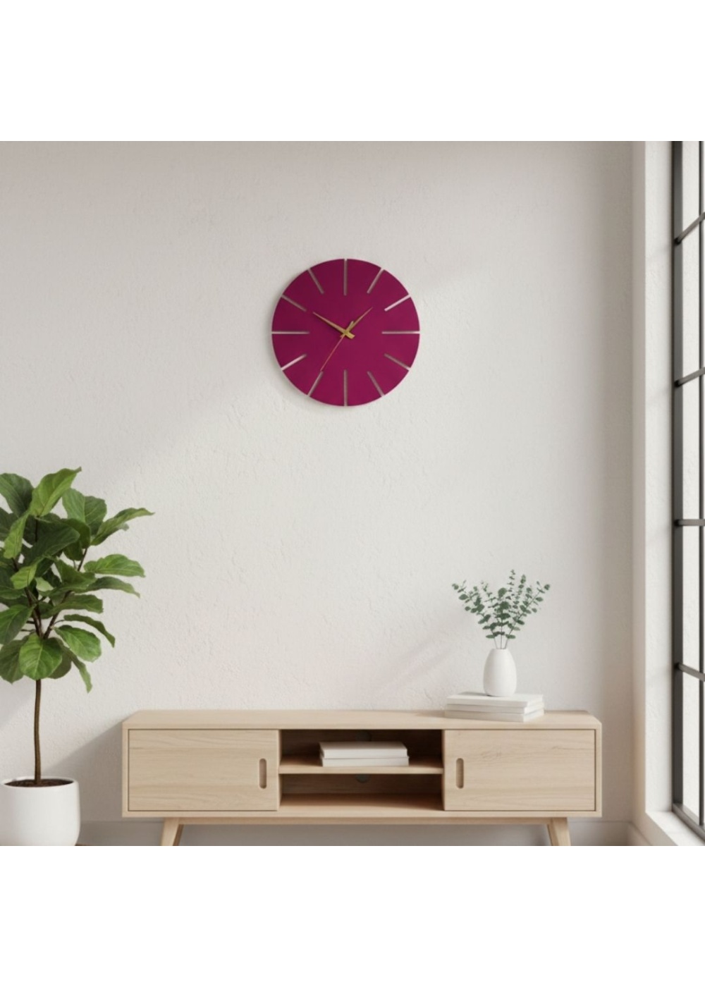 Ahşap Minimal Dekoratif Duvar Saati - 33x33 cm Fuşya