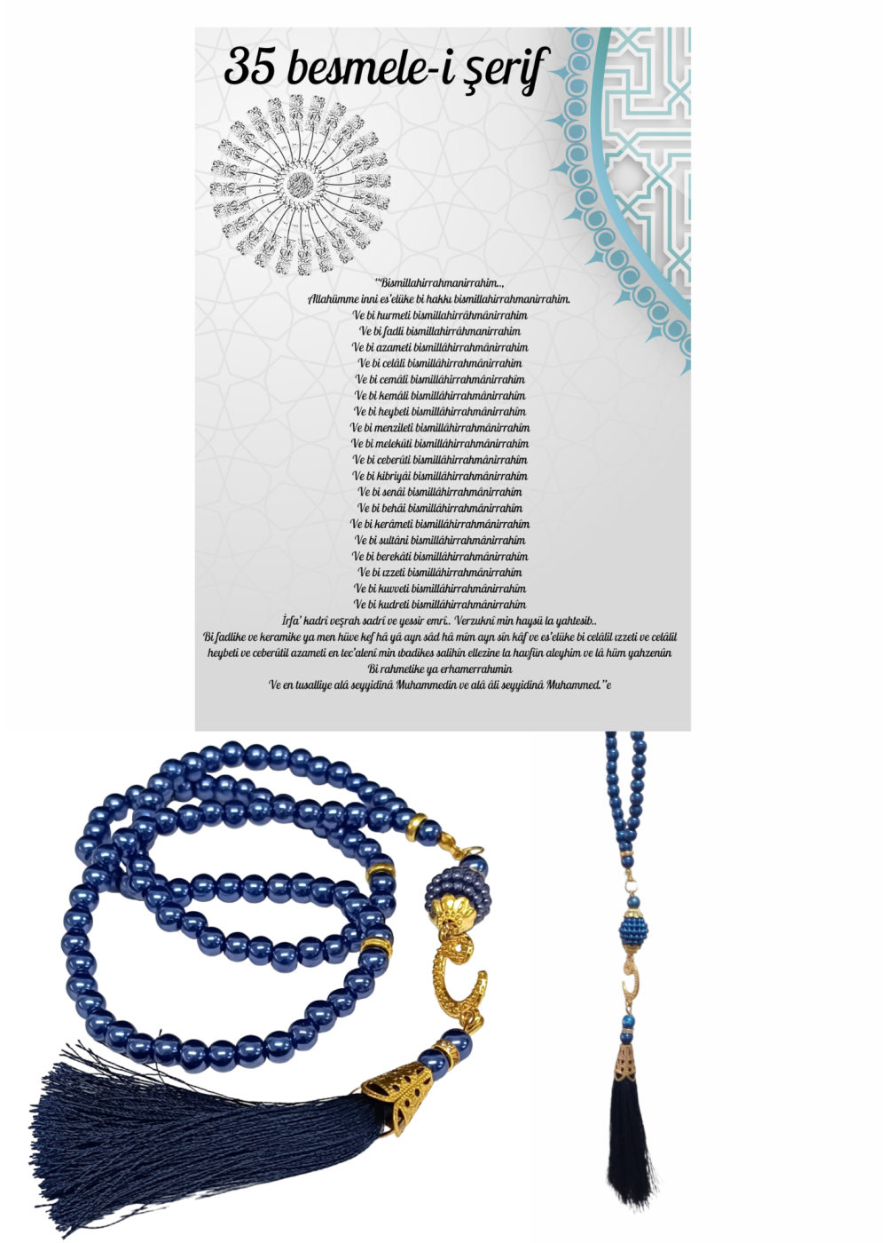 Namaz Tesbihi Vavlı 99lu Cam İncili 35 Besmele-i Şerif Dua Kartı ile Lacivert Renk Hediyelik