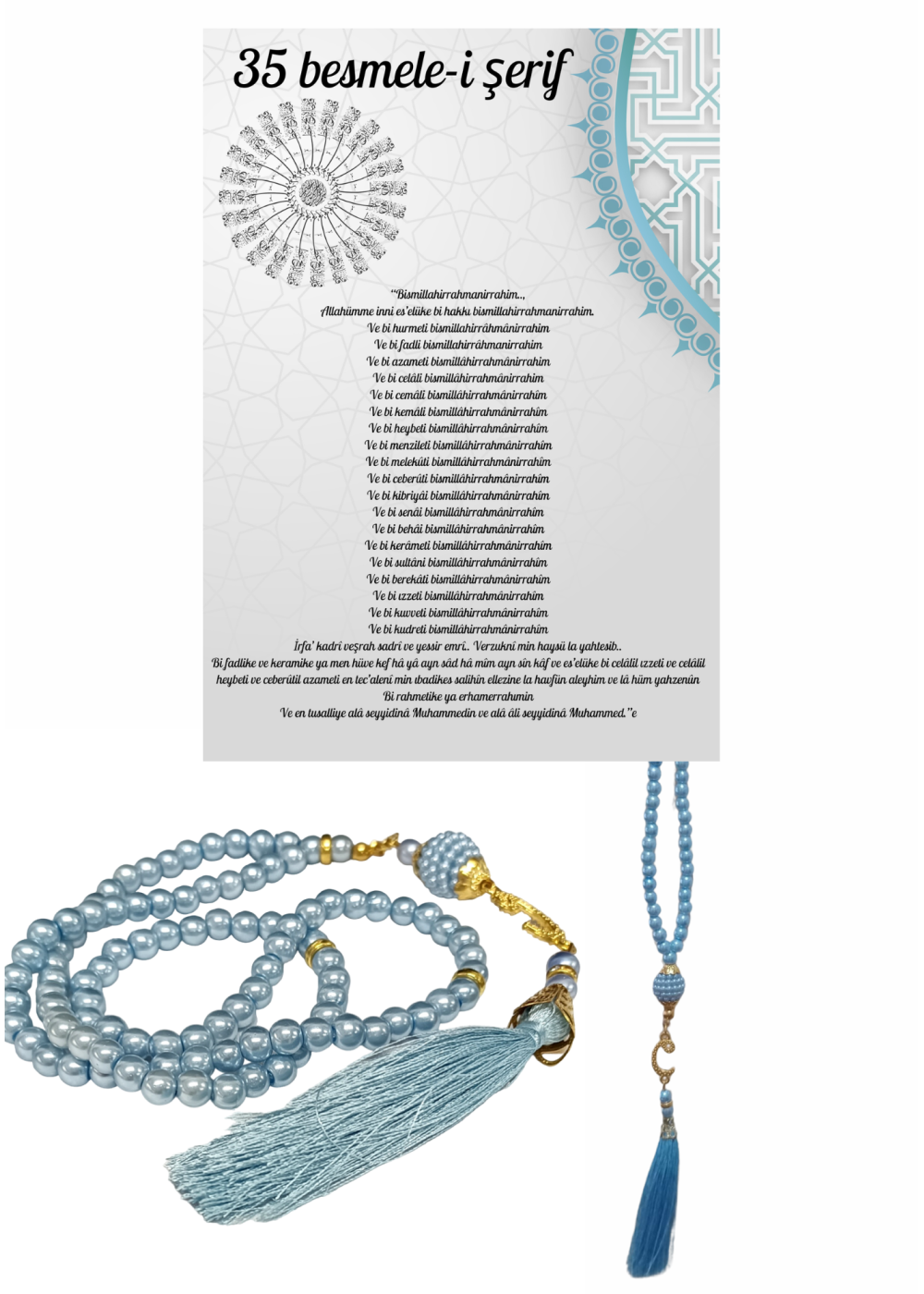 Namaz Tesbihi Vavlı 99lu Cam İncili 35 Besmele-i Şerif Dua Kartı ile Mavi Renk Hediyelik