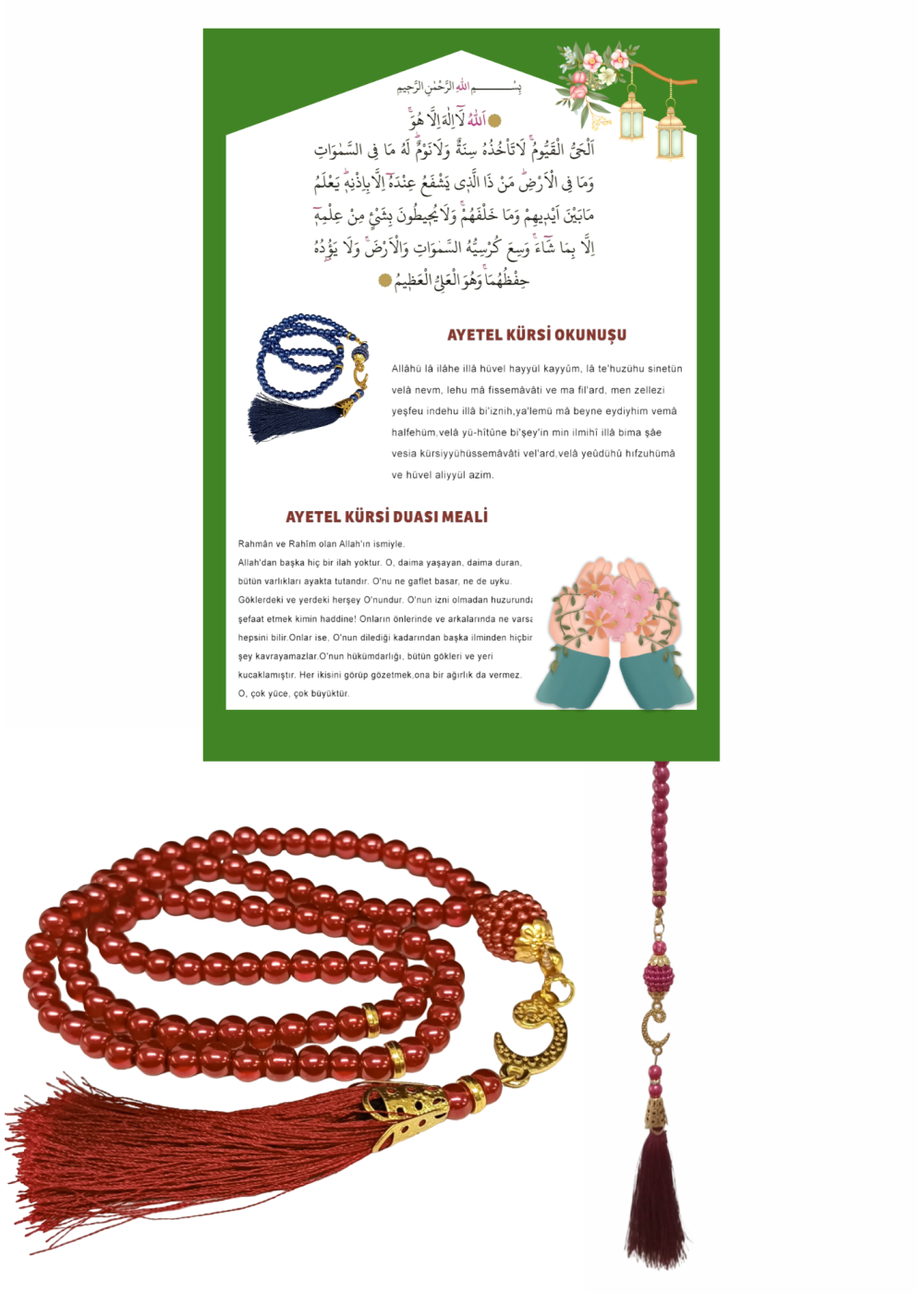 Namaz Tesbihi Vavlı 99lu Cam İncili Ayet-el Kürsi Dua Kartı ile Fuşya Renk Hediyelik