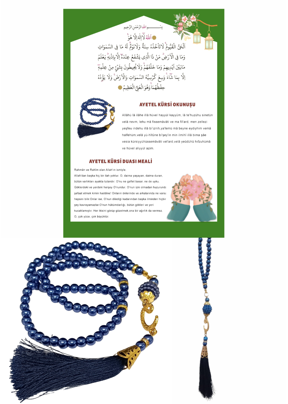 Namaz Tesbihi Vavlı 99lu Cam İncili Ayet-el Kürsi Dua Kartı ile Lacivert Renk Hediyelik