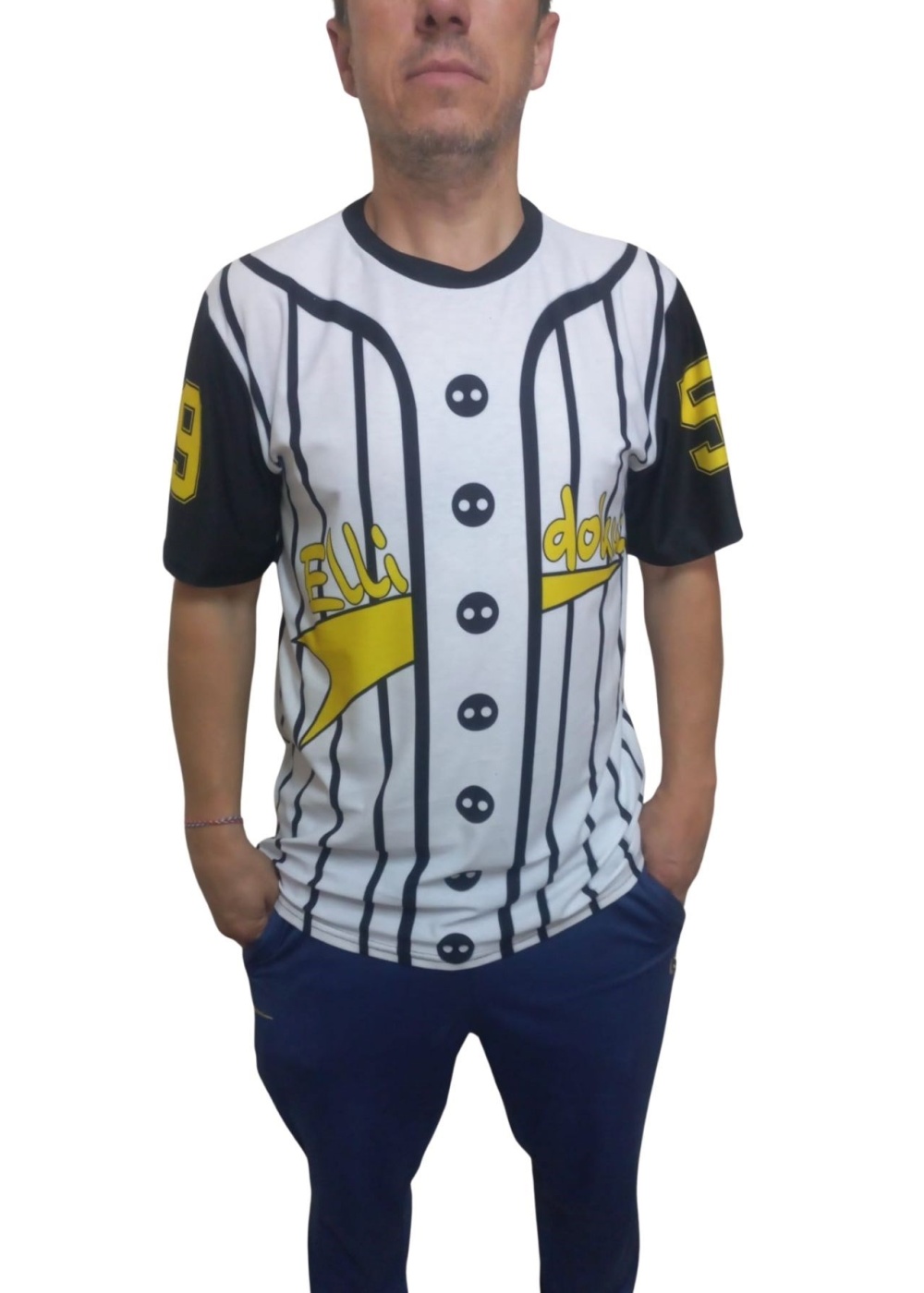 Erkek T-Shirt 59 Numara Baskılı Sarı (Kesik Elyaf Kumaş)