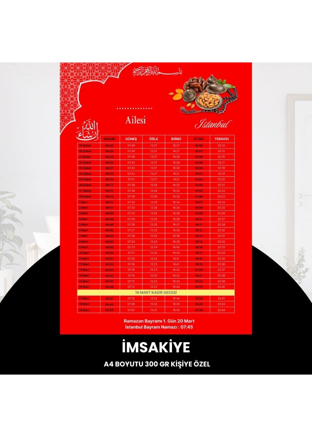 Ramazan İmsakiyesi - 300 gr - A4 Boyut Kişiye Özel İsimli & Logolu 1 Adet Kırmızı