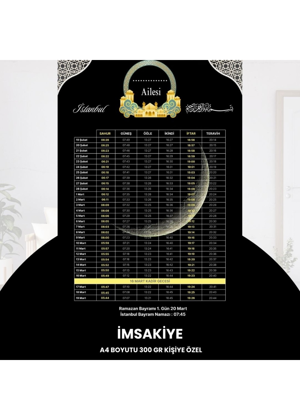 Ramazan İmsakiyesi - 300 gr - A4 Boyut Kişiye Özel İsimli & Logolu 1 Adet Siyah-Sarı